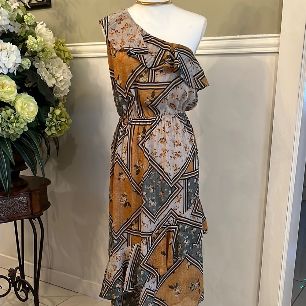 Love Stitch One-Shoulder Floral Boho Patchwork Dress Asymmetrical long Medium
